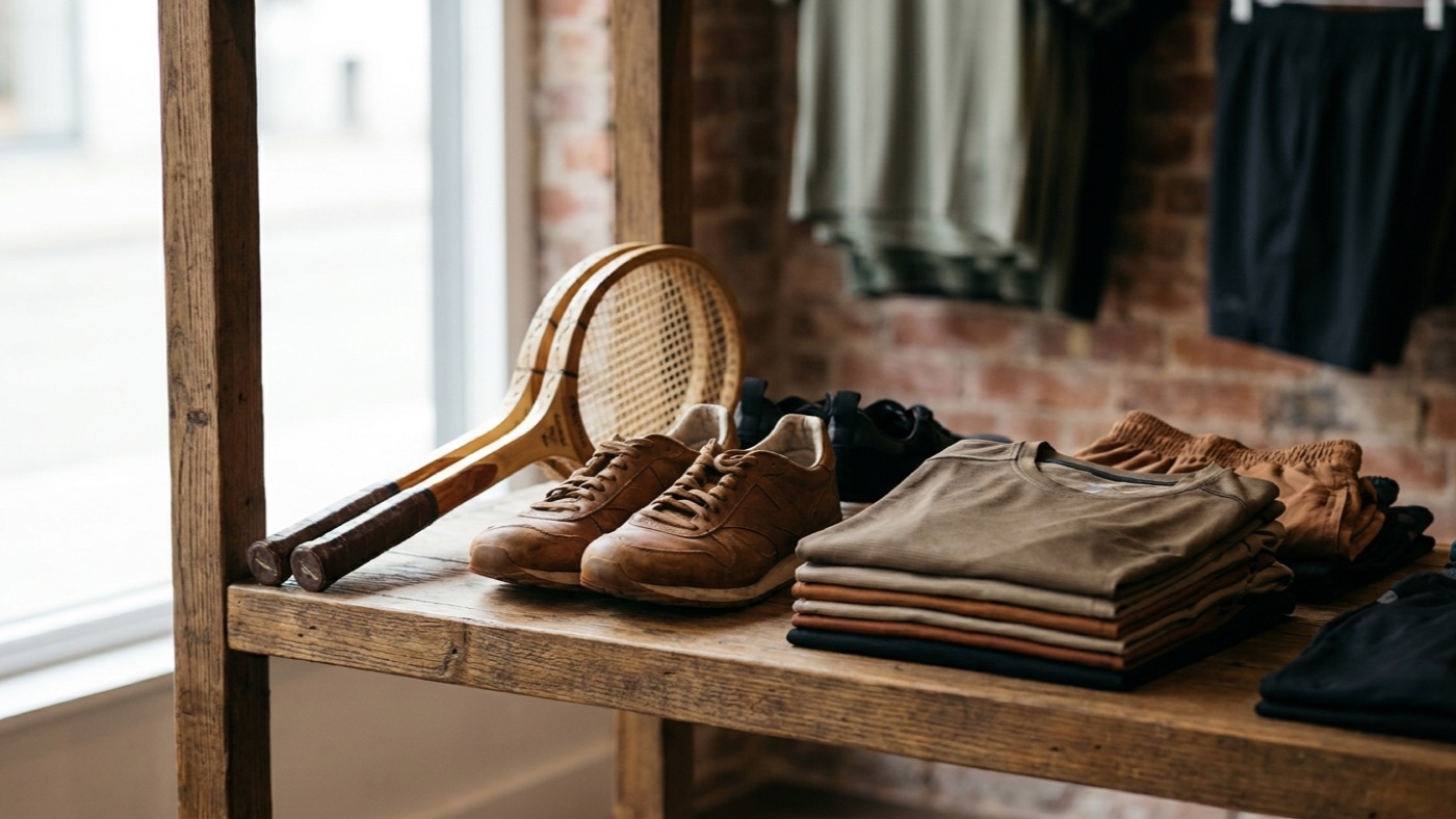 Présentoir de matériel de sport dans une boutique européenne, lumière naturelle de vitrine
