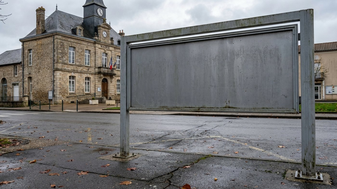Panneau d'affichage libre municipal vide à cadre métallique sur un trottoir devant une mairie française, lumière douce et ciel couvert
