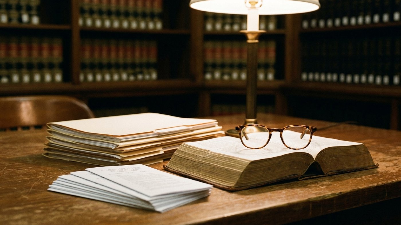 Documents juridiques et un code ouvert posés à côté de prospectus imprimés sur un bureau en bois, lunettes de lecture, lumière chaude de bibliothèque