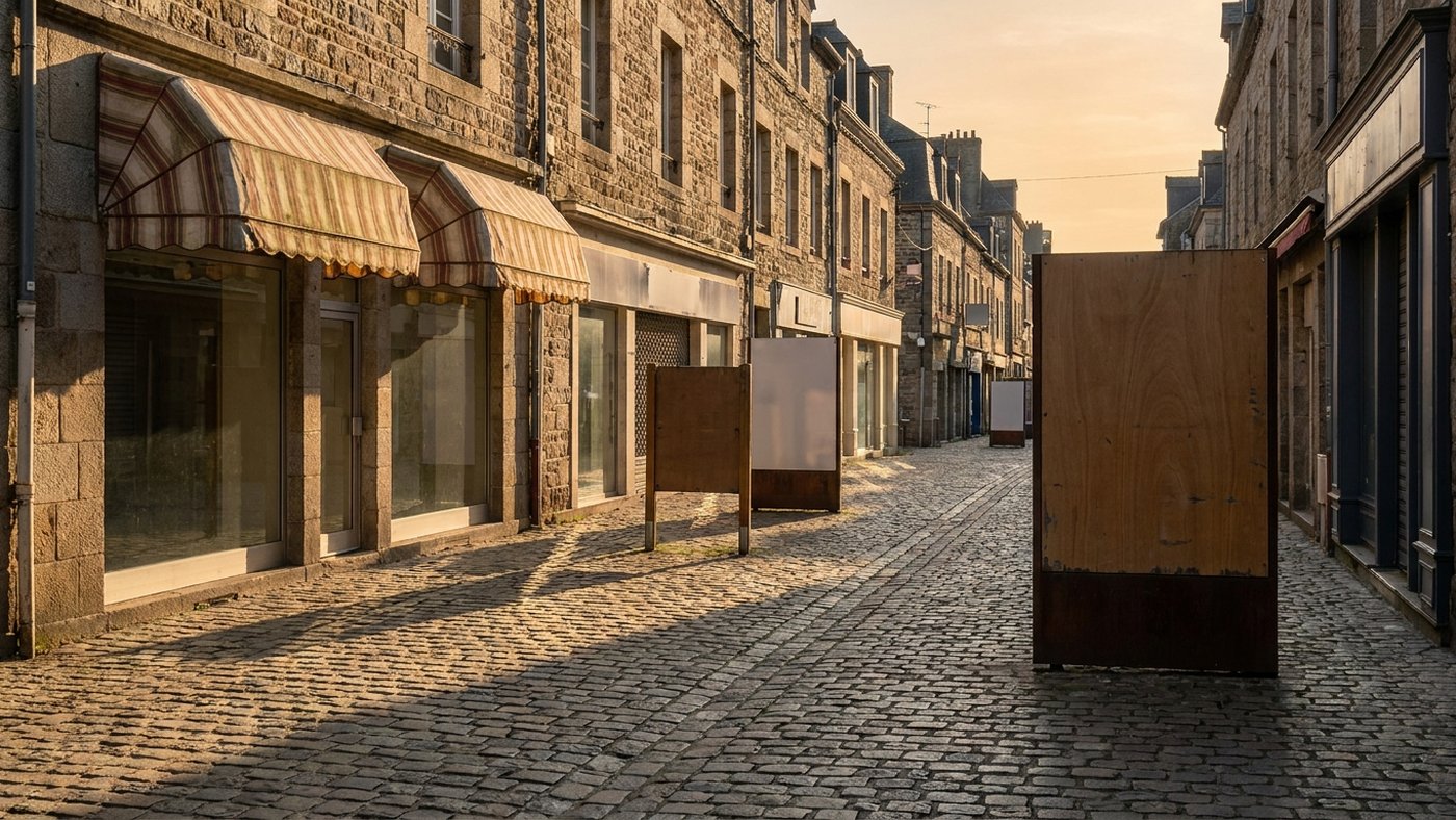 Rue commerçante européenne en fin de journée avec différents supports d'affichage urbain, abribus et panneaux, sans passants