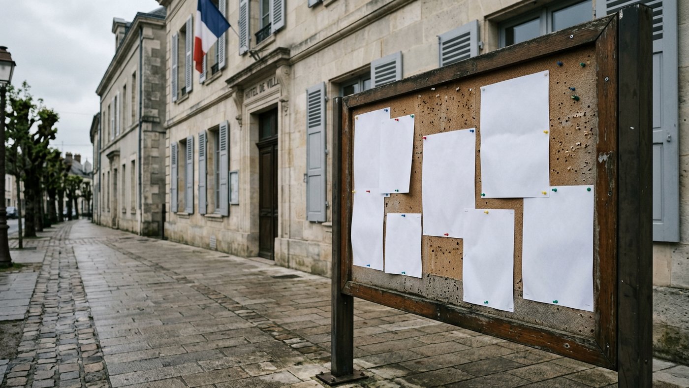 Panneau d'affichage municipal en ville avec plusieurs affiches associatives, trottoir vide
