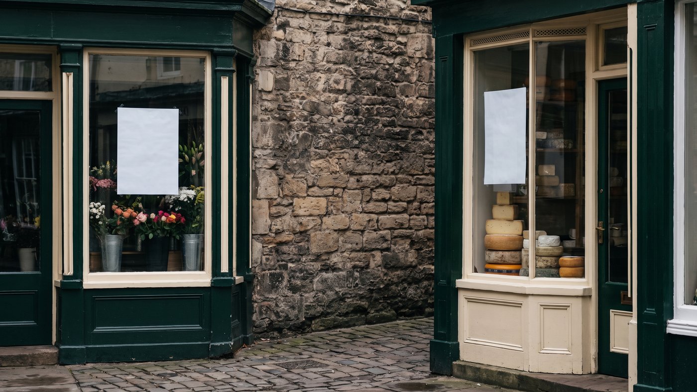 Deux devantures voisines aux boiseries vert sombre et crème, un fleuriste et une fromagerie, chacune avec une seule affiche blanche posée derrière la vitre, un mur de pierre entre les deux sur une ruelle pavée