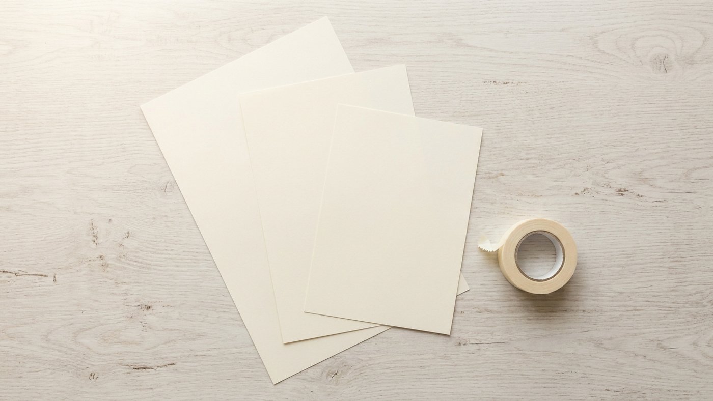 Trois feuilles de papier vierges de tailles différentes disposées en éventail sur un plan de travail en bois clair, à côté d'un rouleau d'adhésif de masquage