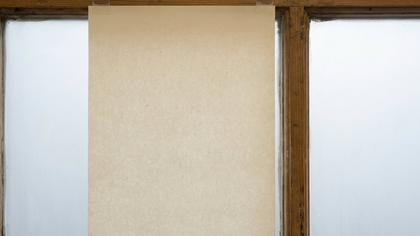 Affiche de papier vierge fixée sur la traverse d'une fenêtre en bois, entre deux vitres dépolies