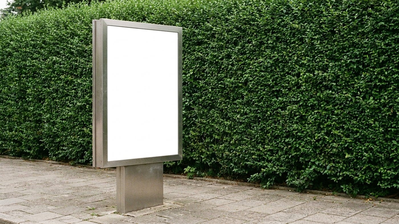Panneau publicitaire vertical vierge sur pied, posé sur un trottoir désert devant une haie taillée