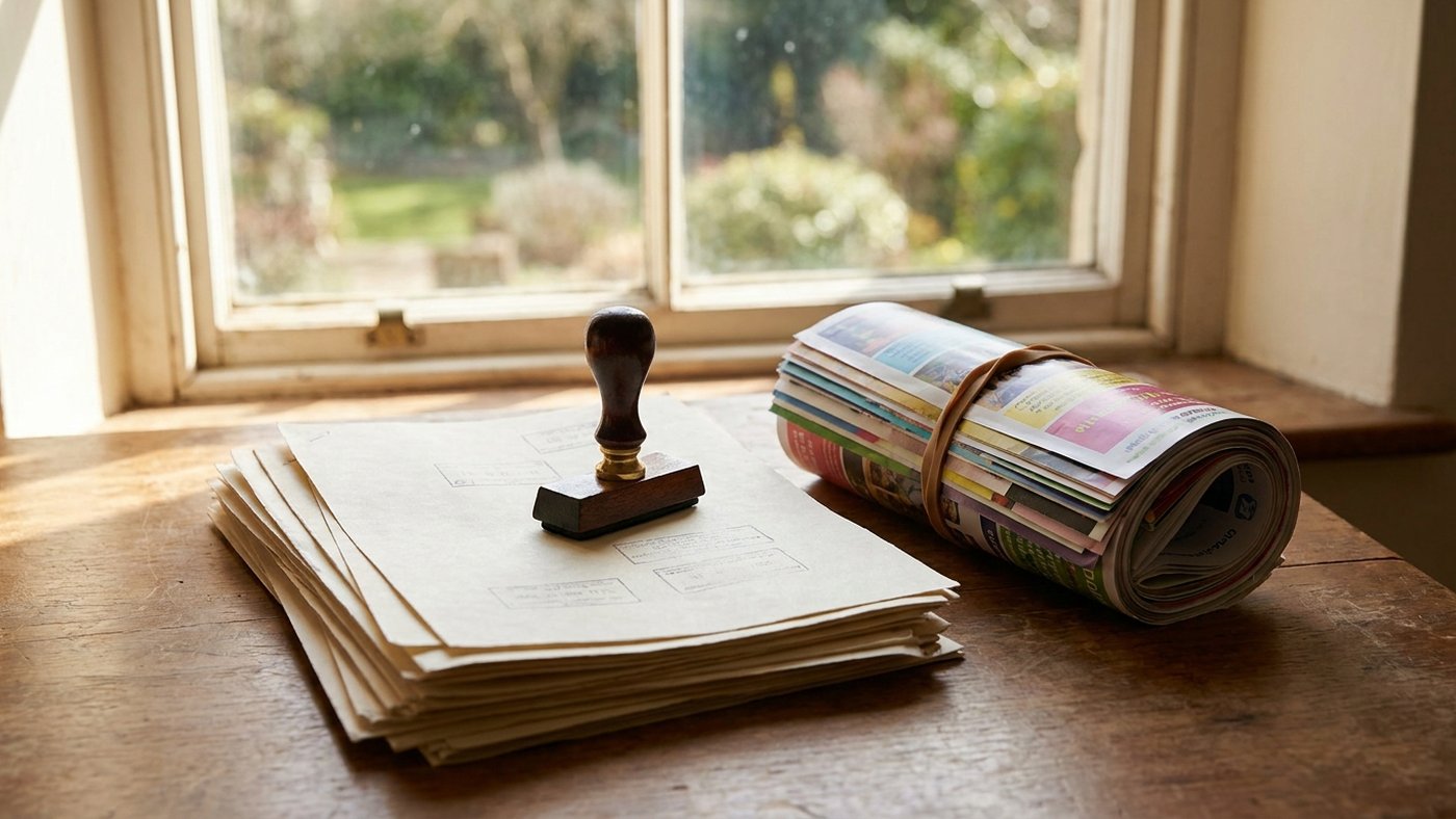 Bureau administratif avec documents officiels, un tampon et un paquet de flyers imprimés