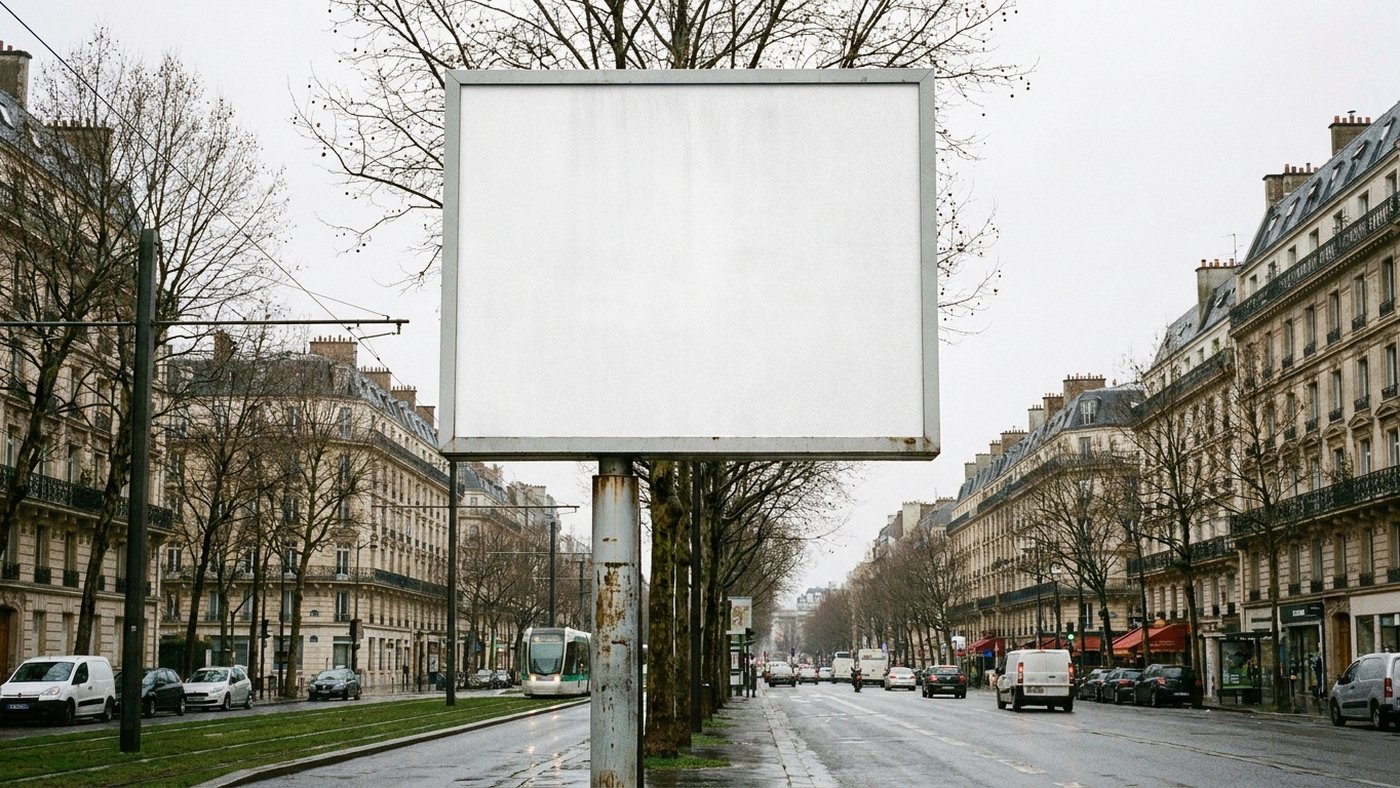 Grand panneau d'affichage 4x3 vierge monté sur un mât le long d'une avenue urbaine française, ciel couvert, espace publicitaire vide