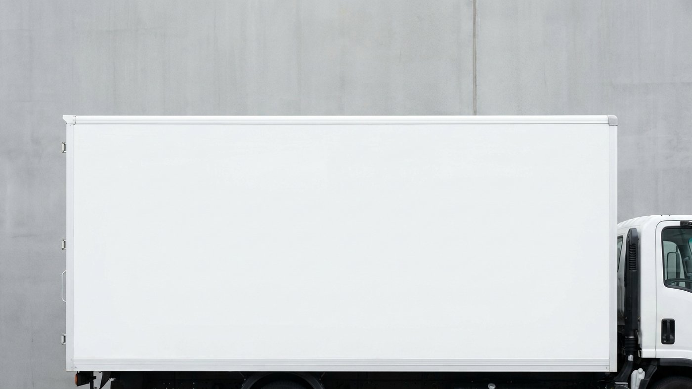 Flanc d'un camion publicitaire, grand panneau latéral entièrement vierge prêt à recevoir un visuel