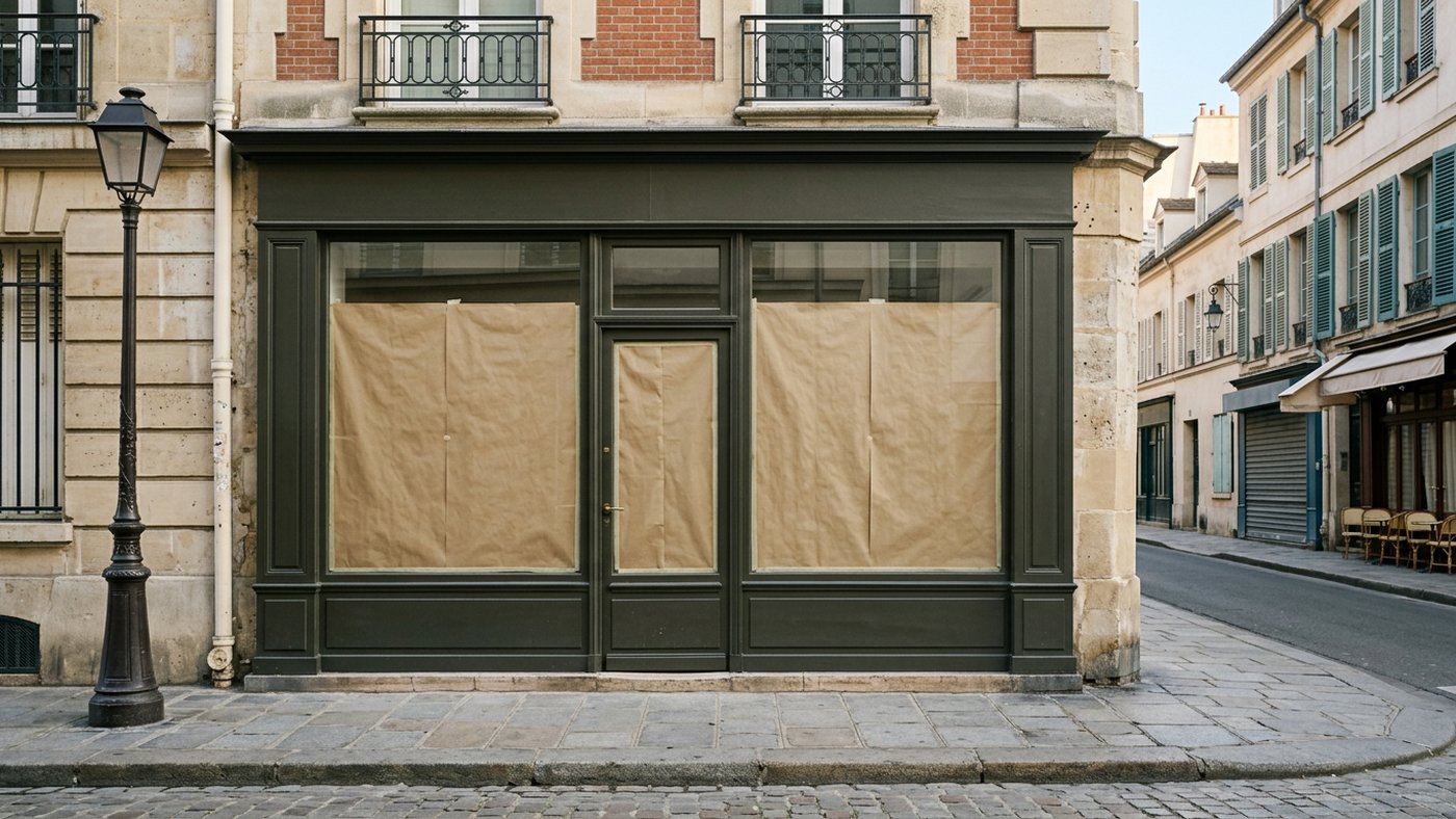 Devanture de magasin neuve, vitrine habillée de papier kraft avant ouverture, rue calme