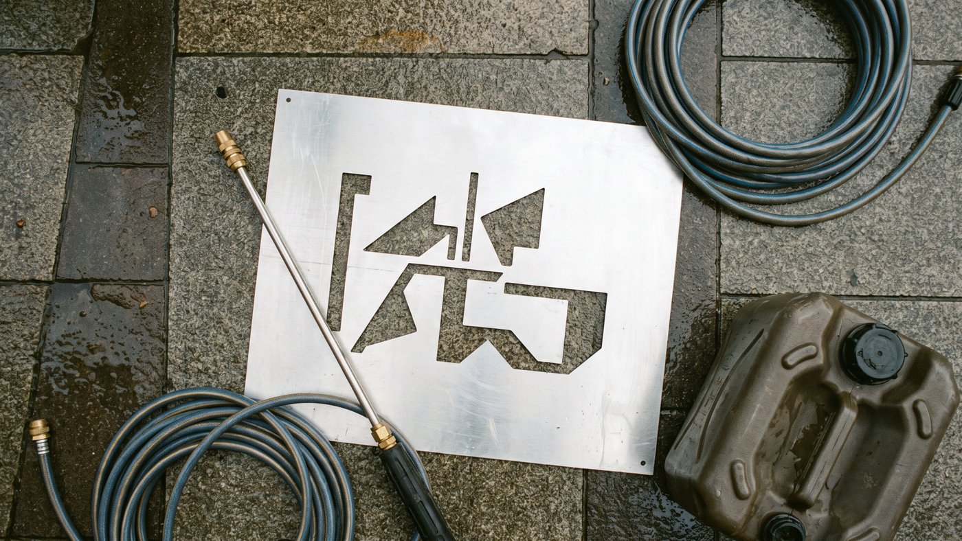Matériel de clean tag posé sur un trottoir mouillé : pochoir en aluminium, lance haute pression et réserve d'eau