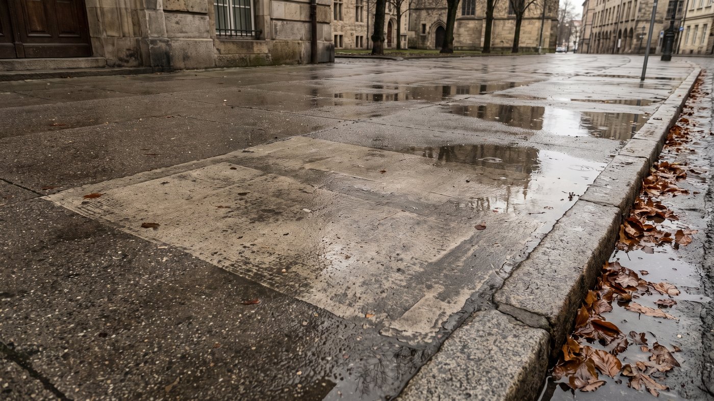 Trottoir urbain un jour de pluie où la trace d'un ancien marquage nettoyé s'estompe progressivement