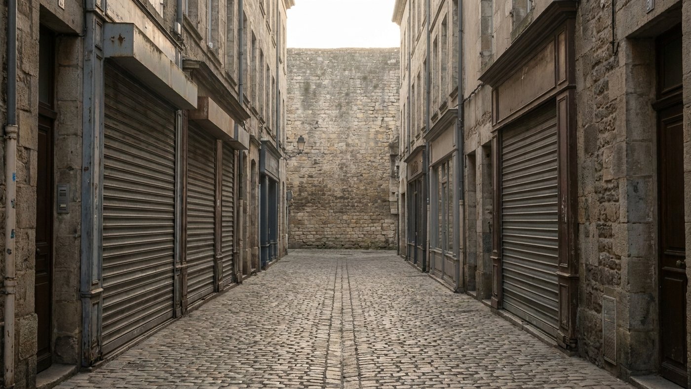 Rue commerçante pavée d'un centre-ville français au petit matin, rideaux métalliques baissés de part et d'autre, mur de pierre fermant le fond de la rue