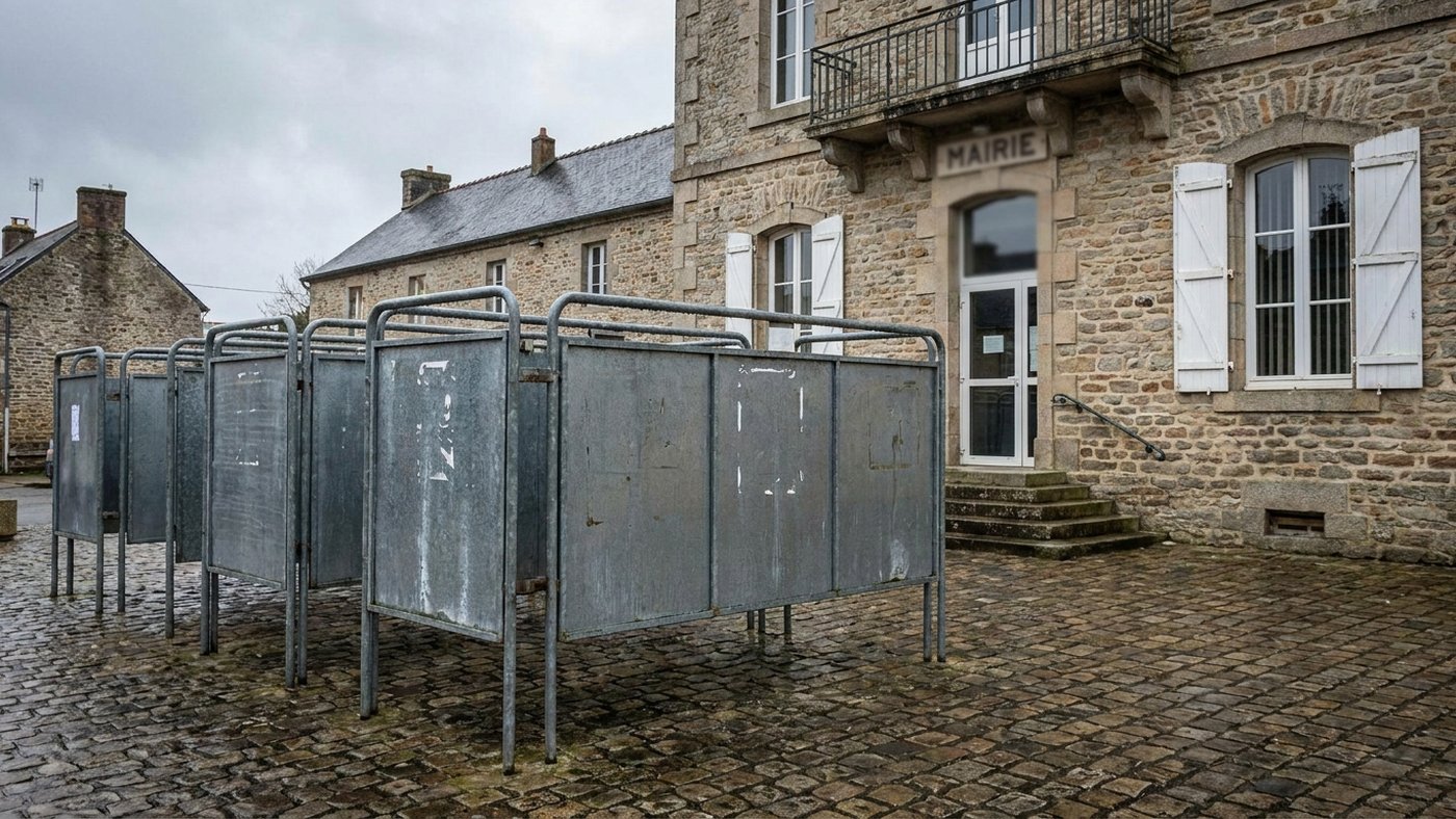 Panneaux officiels d'affichage électoral vides à cadres métalliques alignés devant une mairie de village française, ciel couvert, aucune personne