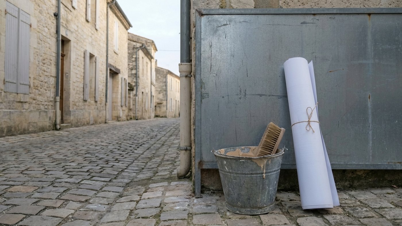 Seau de colle, brosse d'encollage et rouleau d'affiches posés au pied d'un panneau électoral métallique vide sur un trottoir, petit matin, sans personne