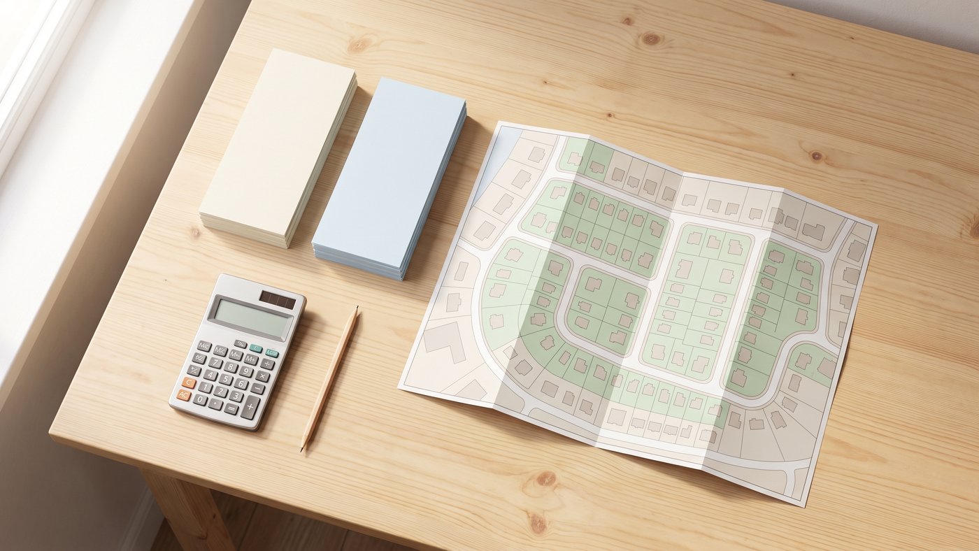 Plan de quartier sans légende déplié sur un bureau en bois clair, seules les parcelles des maisons teintées de vert, à côté de deux piles de dépliants, d'une calculatrice et d'un crayon