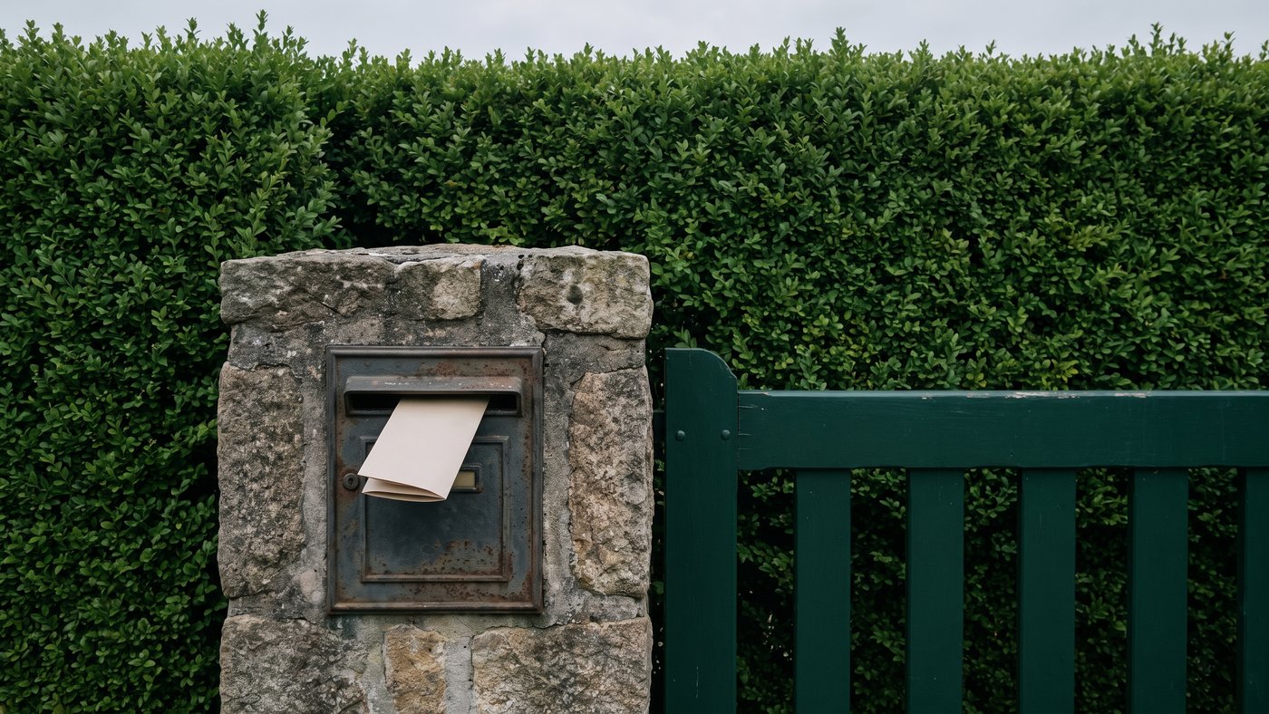 Boîte aux lettres métallique encastrée dans un pilier en pierre, un dépliant dépassant de la fente, à côté d'un portail en bois vert devant une haie taillée