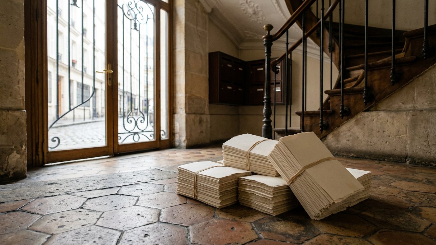 Paquets de flyers cerclés prêts pour une tournée de distribution, posés au sol dans une entrée d'immeuble
