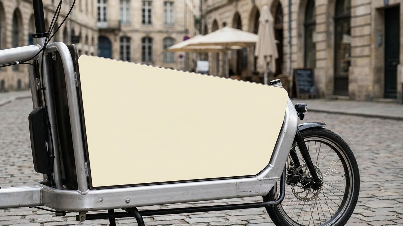 Gros plan d'un panneau publicitaire vierge monté sur un vélo cargo, cadre aluminium apparent, rue pavée européenne floue en arrière-plan