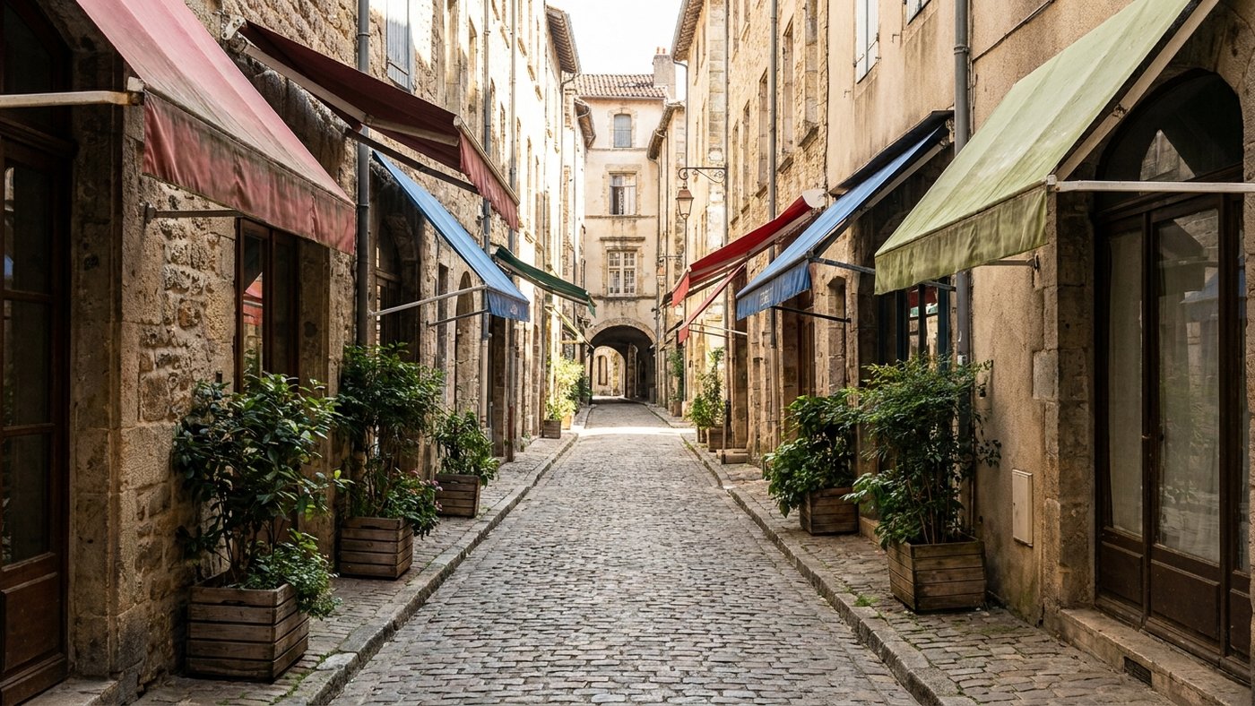 Rue piétonne pavée et étroite d'un centre-ville français, bordée de stores et de bacs à plantes, trop étroite pour laisser passer un camion