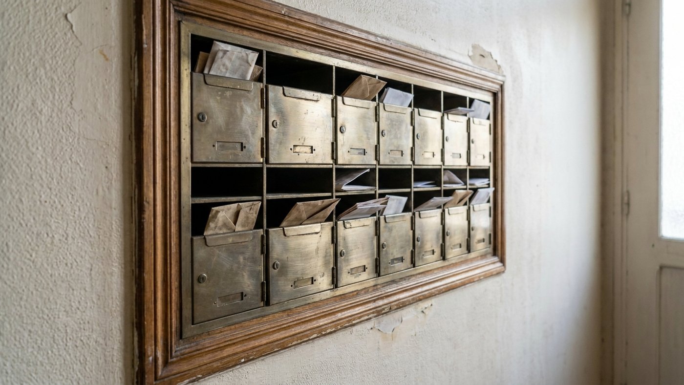 Mur de boîtes aux lettres groupées dans le hall d'un immeuble français, lumière naturelle de couloir
