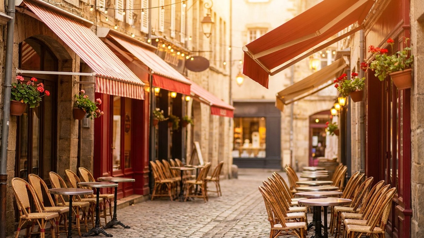 Rue commerçante piétonne française à l'heure dorée, terrasses de café aux chaises vides, ambiance de flux