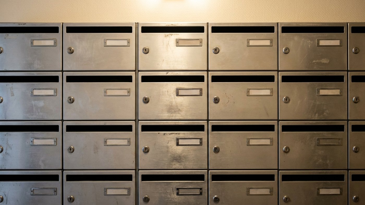 Batterie de boîtes aux lettres métalliques d'immeuble aux étiquettes vierges, cadrage frontal serré