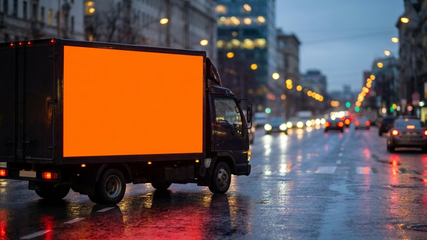 Camion publicitaire à panneau vide circulant sur un boulevard urbain français en fin de journée