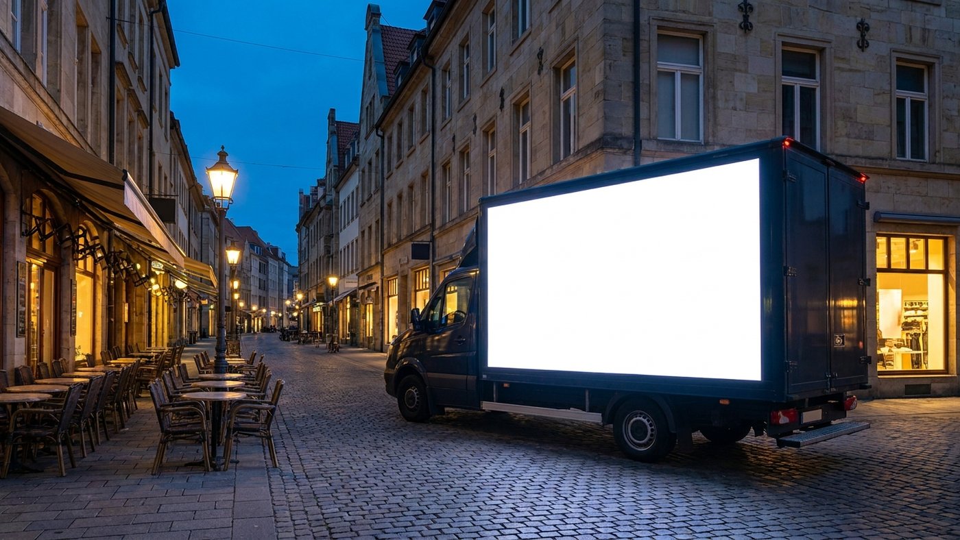 Écran LED vierge d'un camion publicitaire dans une rue commerçante européenne à l'heure bleue