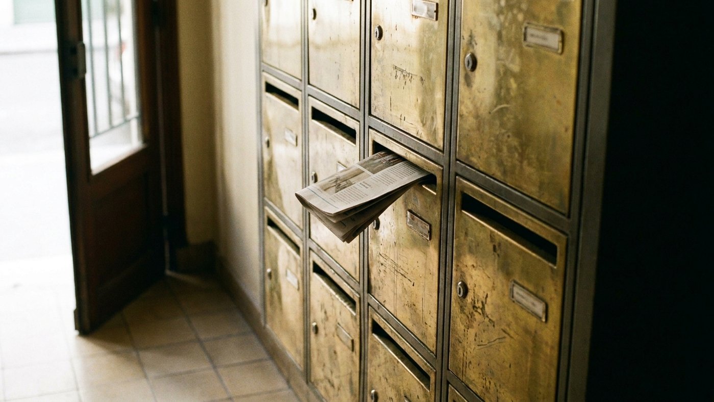 Mur de boîtes aux lettres dans le hall d'un immeuble français, lumière naturelle