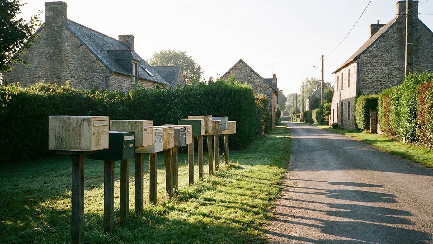 Boîtes aux lettres individuelles en limite de propriété le long d'une route de village français, lumière du matin