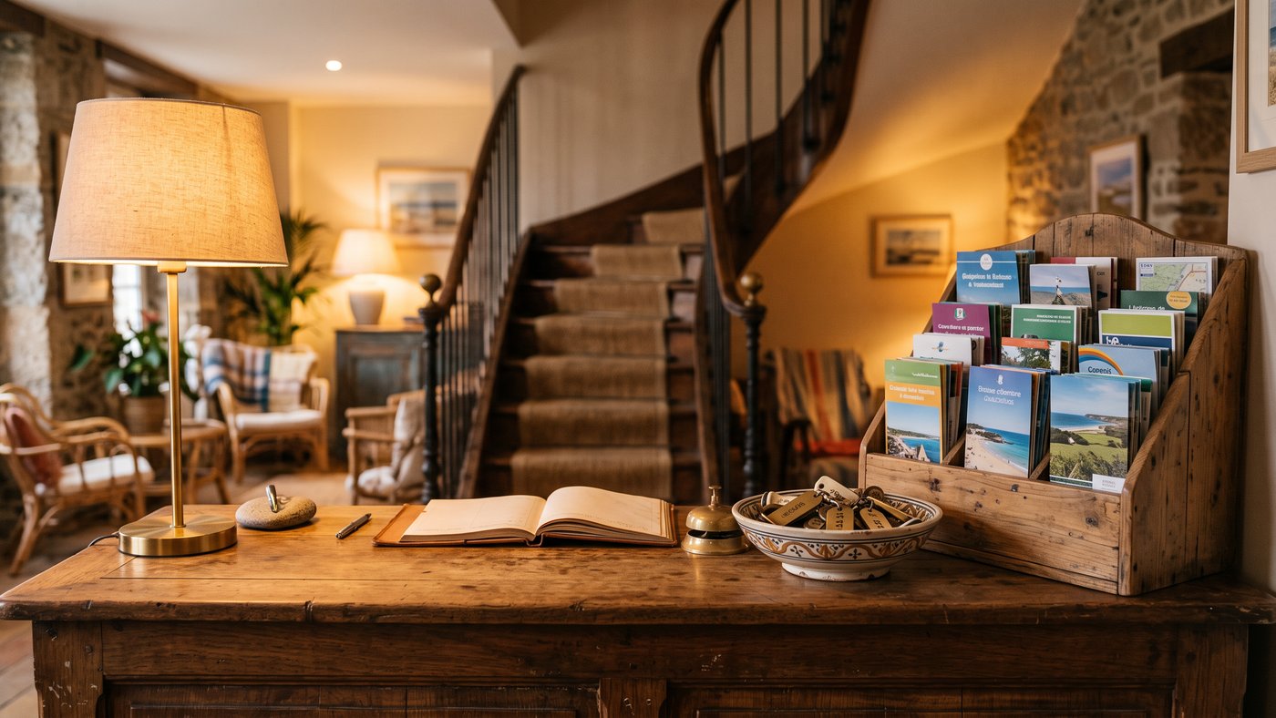 Comptoir de réception d'un petit hôtel de bord de mer avec un porte-dépliants en bois garni de brochures