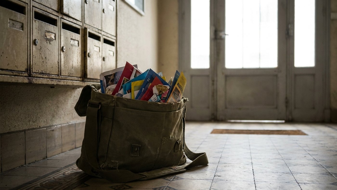 Un sac de distribution rempli de flyers posé dans le hall d'entrée d'un immeuble, devant un mur de boîtes aux lettres