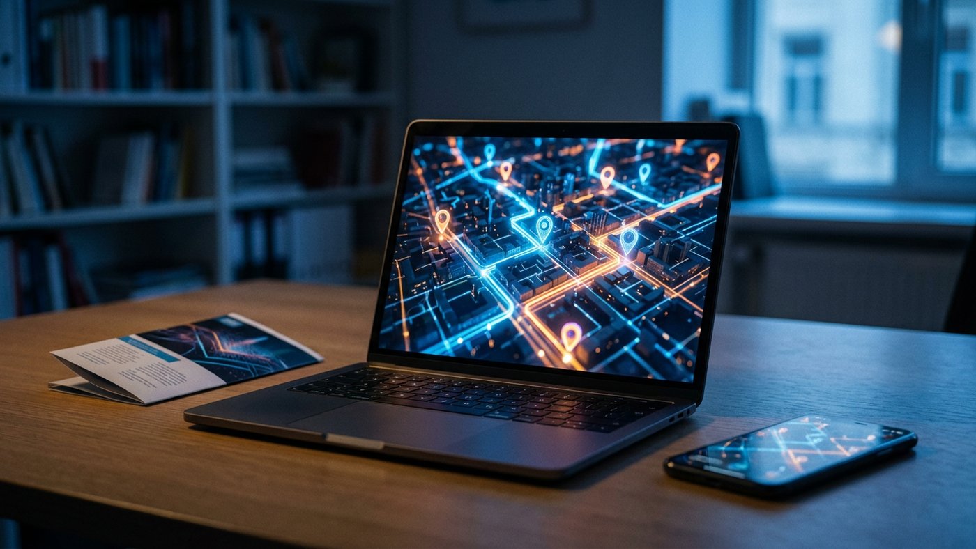 Un ordinateur portable affichant une carte avec des tracés GPS et des points de passage, à côté d'un flyer imprimé et d'un smartphone