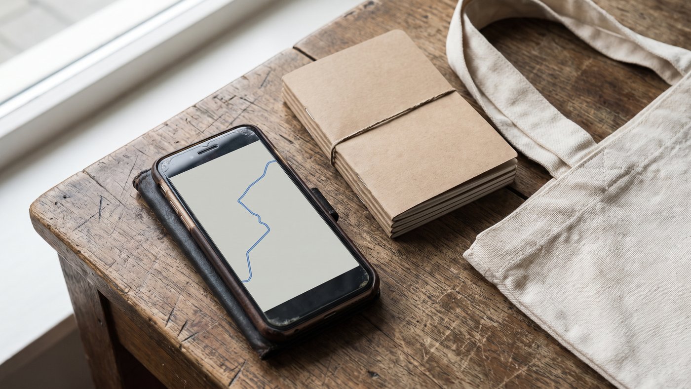 Smartphone posé sur une table en bois ancienne, l'écran affichant un tracé de parcours bleu sur fond gris clair, à côté d'une liasse de dépliants en papier kraft nouée d'une ficelle et d'un sac en toile