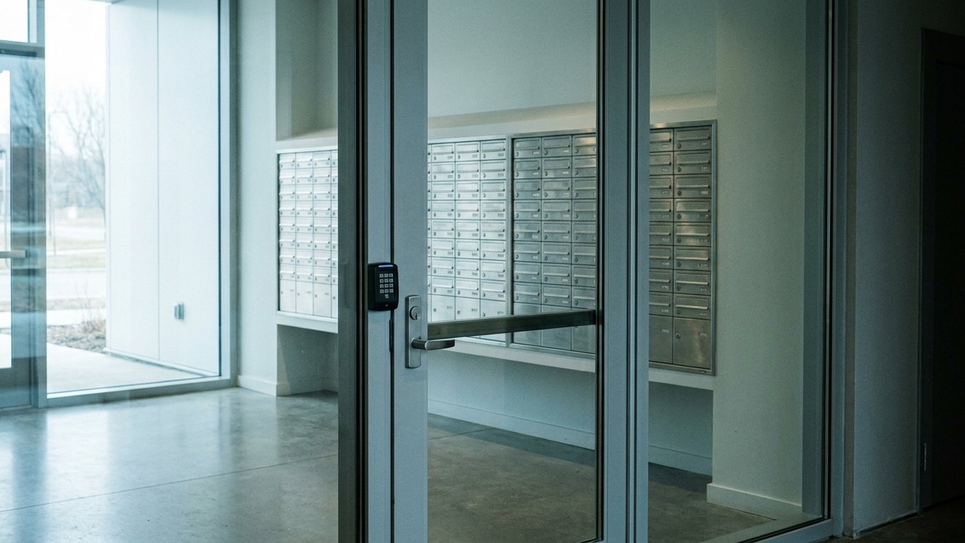 Boîtes aux lettres alignées dans le hall vitré et fermé d'une résidence étudiante