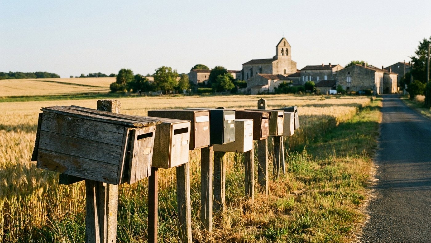 Boîtes aux lettres individuelles alignées au bord d'une route de campagne française bordée de champs, lumière de fin de journée, aucune personne