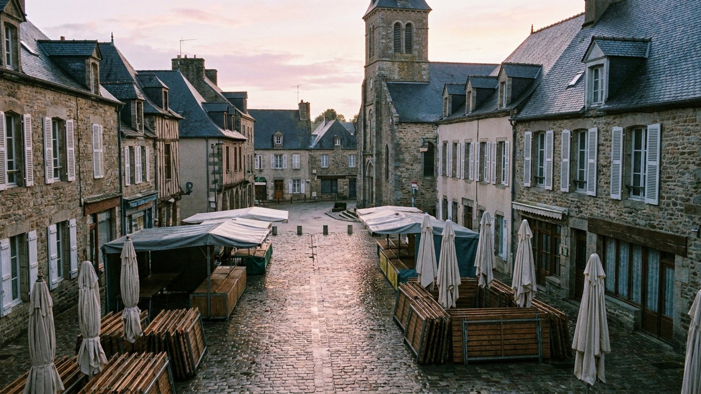 Vue plongeante sur une place de village français un jour de marché, étals et parasols vides au petit matin, pavés et façades anciennes, sans personne