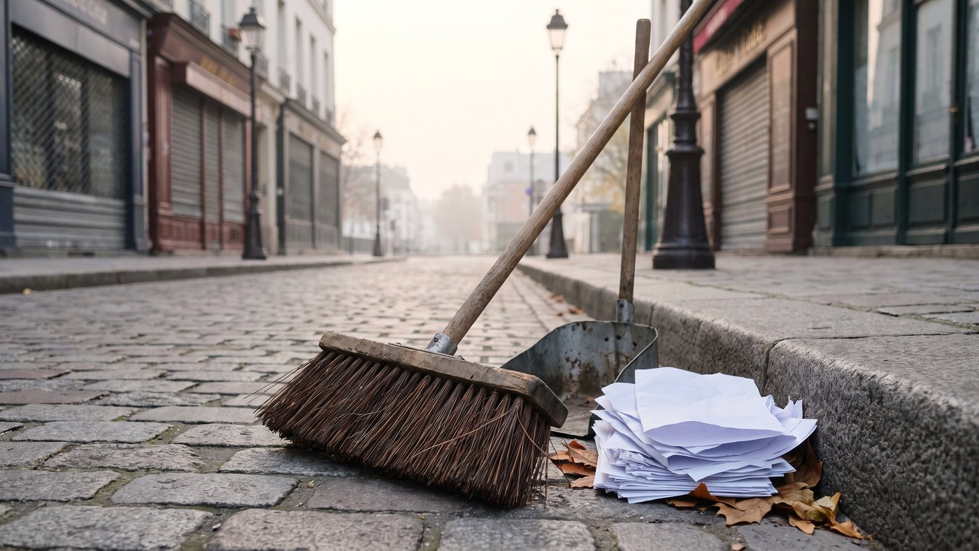 Balai municipal et pelle posés contre un trottoir, à côté d'un tas de prospectus ramassés