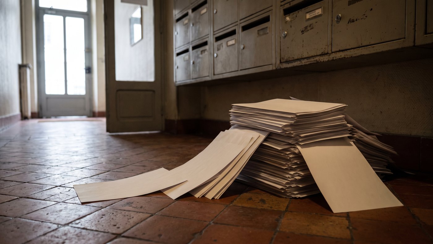 Pile de prospectus déposée au sol au pied d'un mur de boîtes aux lettres dans un hall d'immeuble