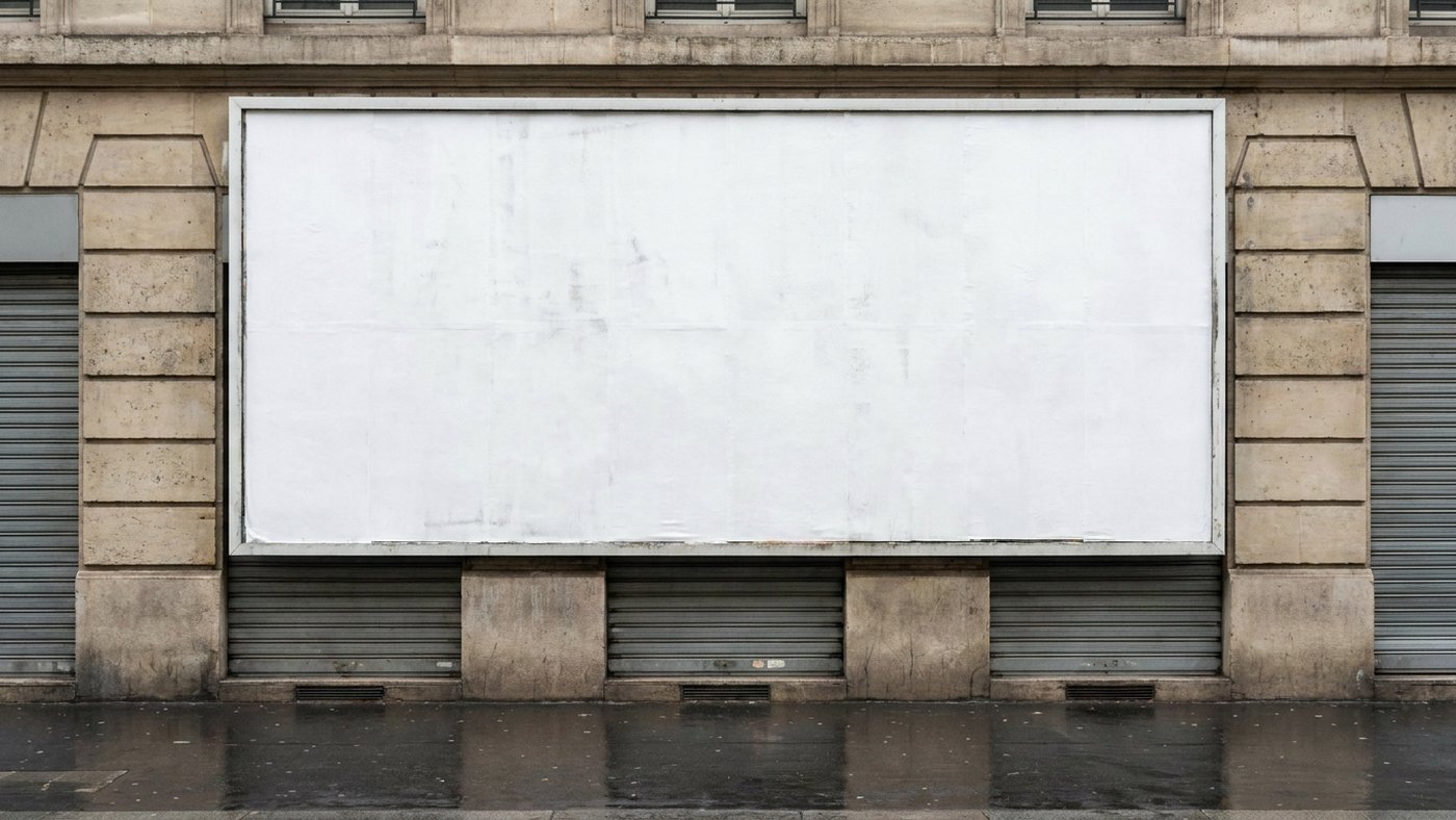 Panneau publicitaire grand format vierge sur la façade d'un immeuble, au-dessus de rideaux de fer baissés, trottoir mouillé