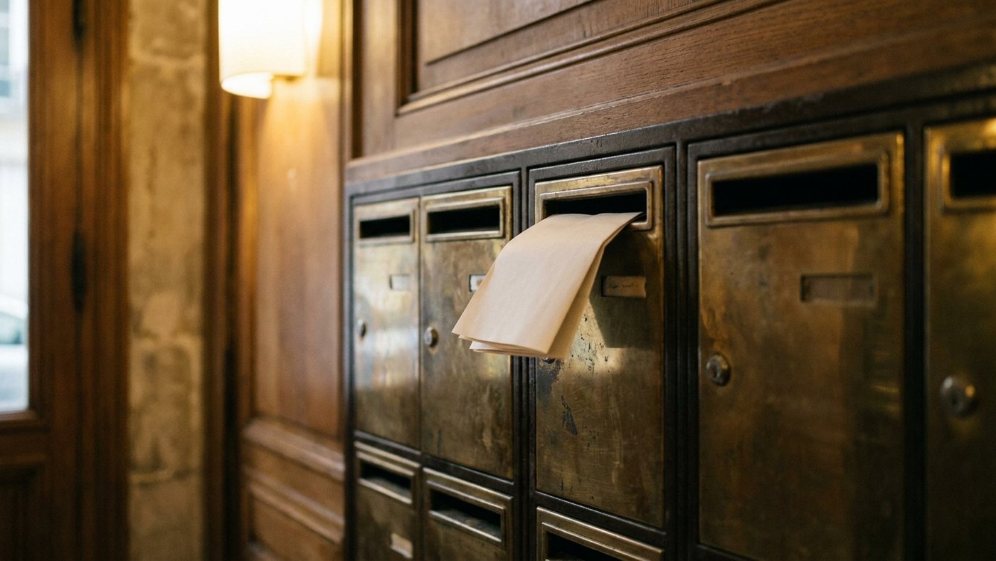 Rangée de boîtes aux lettres en laiton dans un hall d'immeuble parisien, un imprimé publicitaire dépassant d'une fente