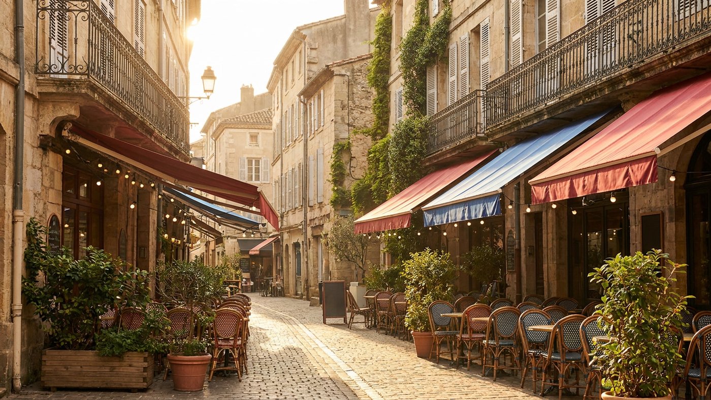Une rue commerçante piétonne française à l'heure dorée, avec des stores rayés et des terrasses de café aux chaises vides