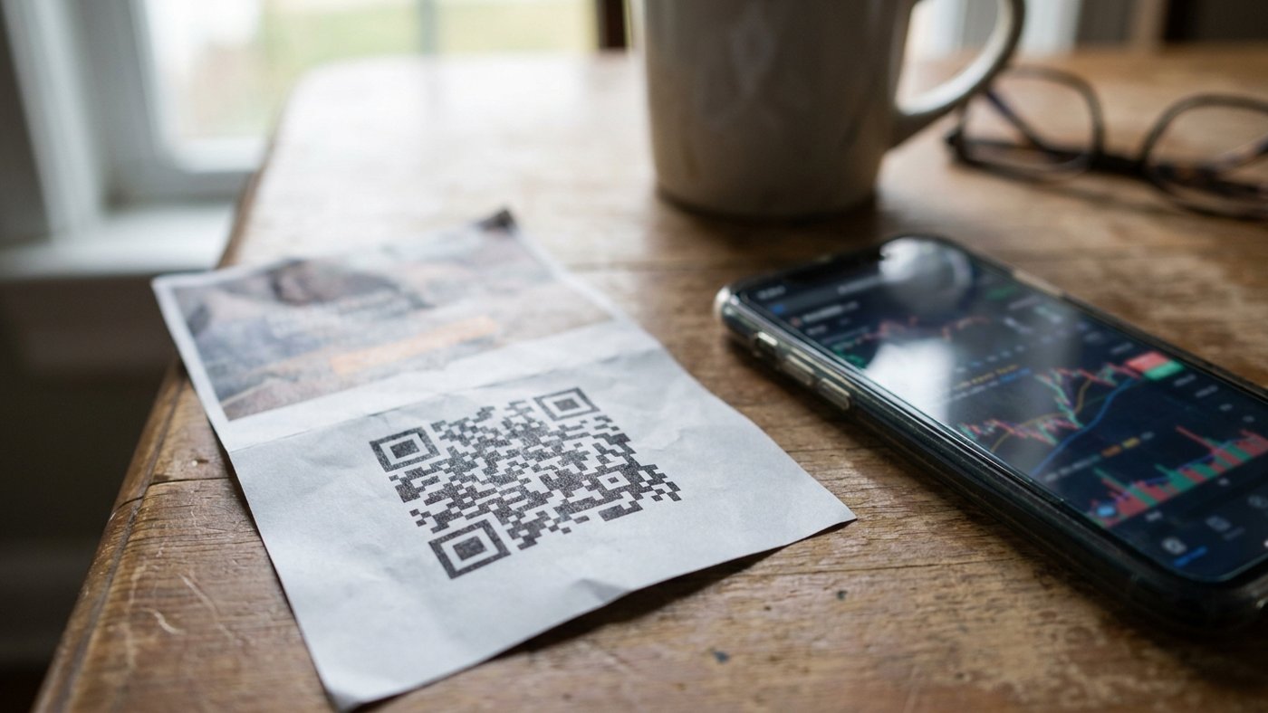 Gros plan d'un QR code imprimé sur un flyer posé sur une table en bois, à côté d'un smartphone affichant un graphique de statistiques abstrait