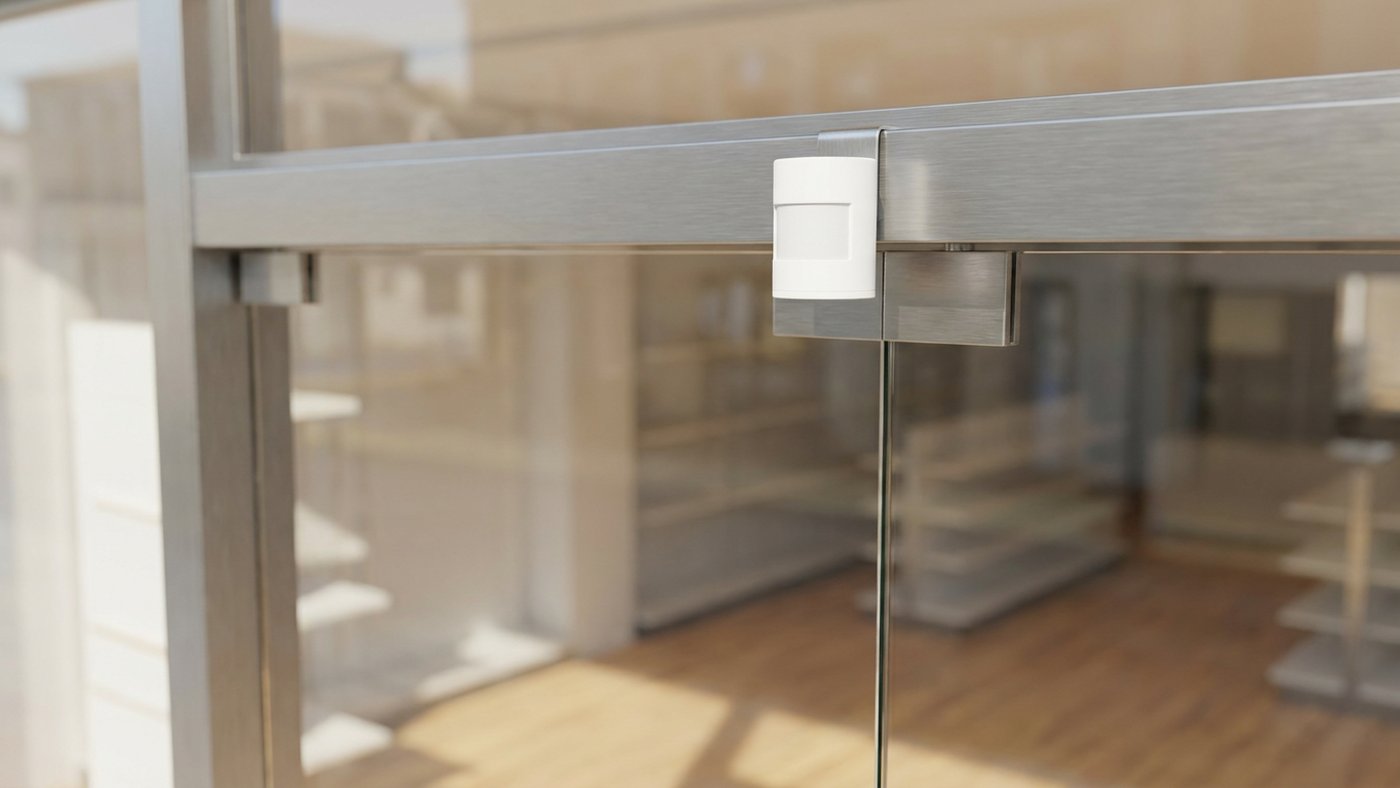 Compteur de passage infrarouge installé au-dessus de la porte vitrée d'un commerce