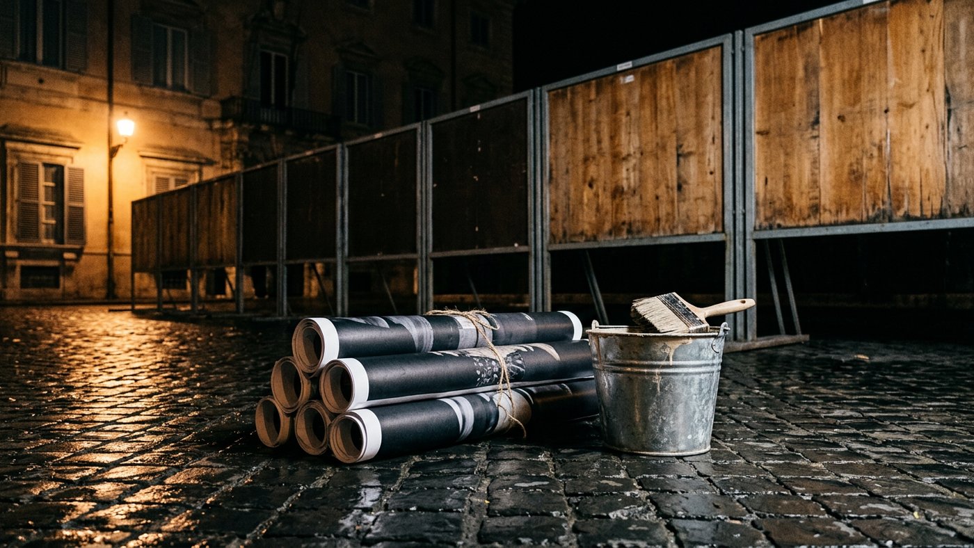 Tubes d'affiches roulées, pot de colle et brosse posés sur des pavés mouillés devant des panneaux officiels d'affichage électoral vides, la nuit