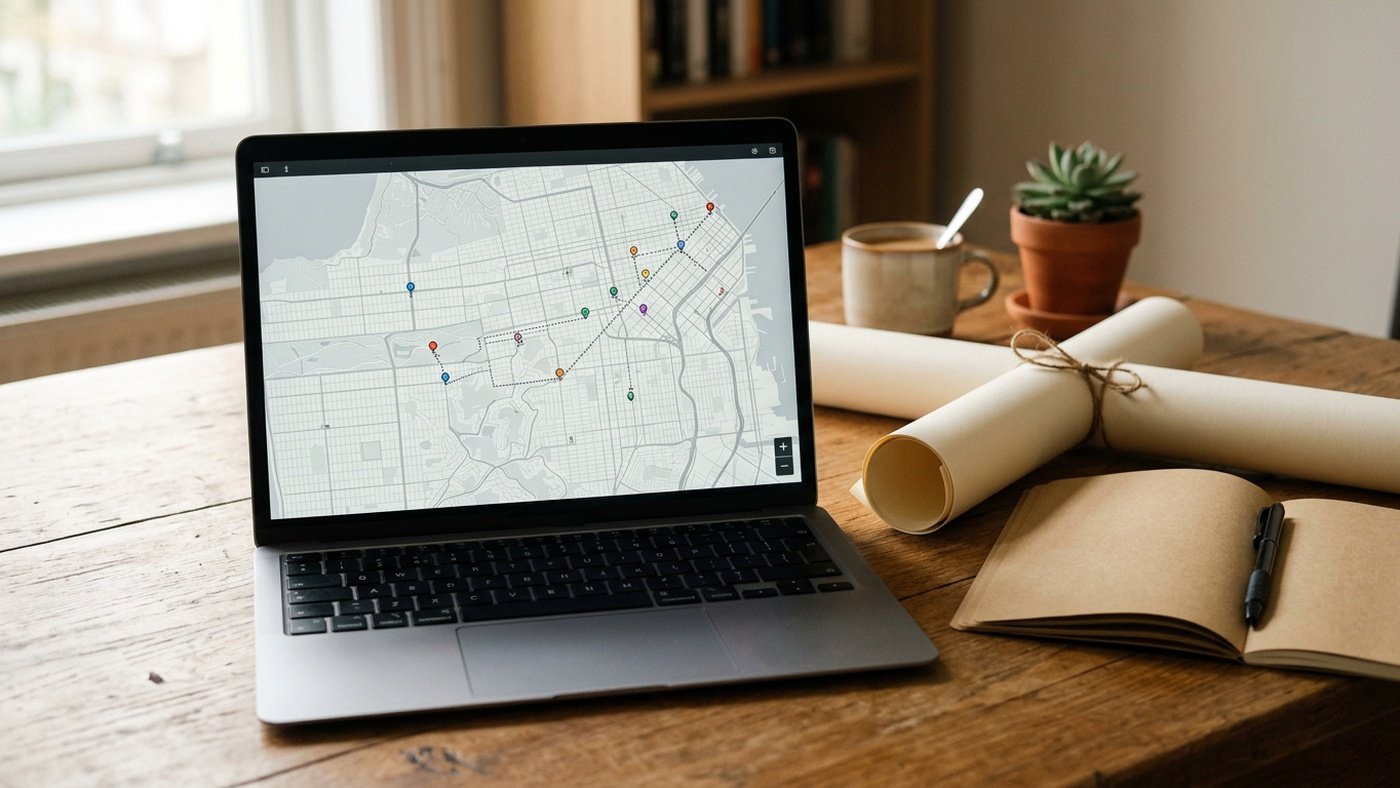 Un ordinateur portable posé sur un bureau affichant une carte avec des points numérotés et un tracé de tournée, à côté d'un smartphone et d'une affiche roulée