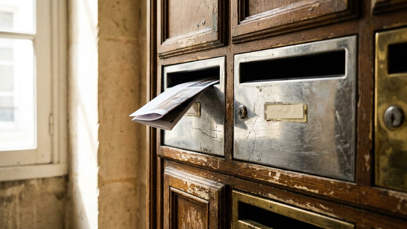 Un flyer déposé dans une boîte aux lettres d'un immeuble parisien, la photo horodatée d'une entrée d'immeuble constitue une preuve de distribution opposable