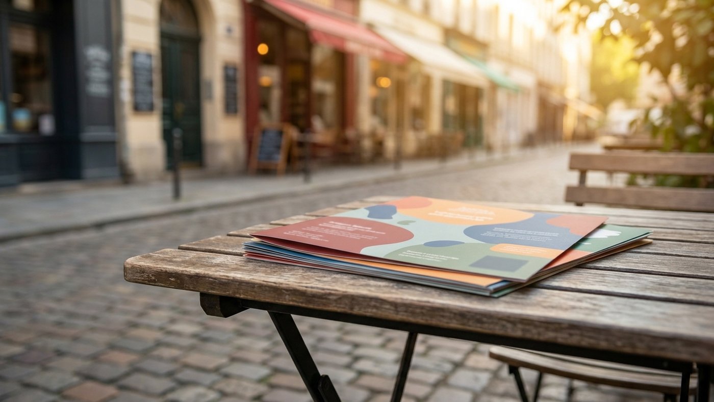 Table de bistrot avec une pile de prospectus promotionnels posée dessus, rue commerçante piétonne européenne en arrière-plan flou, ambiance chaleureuse de fin de journée