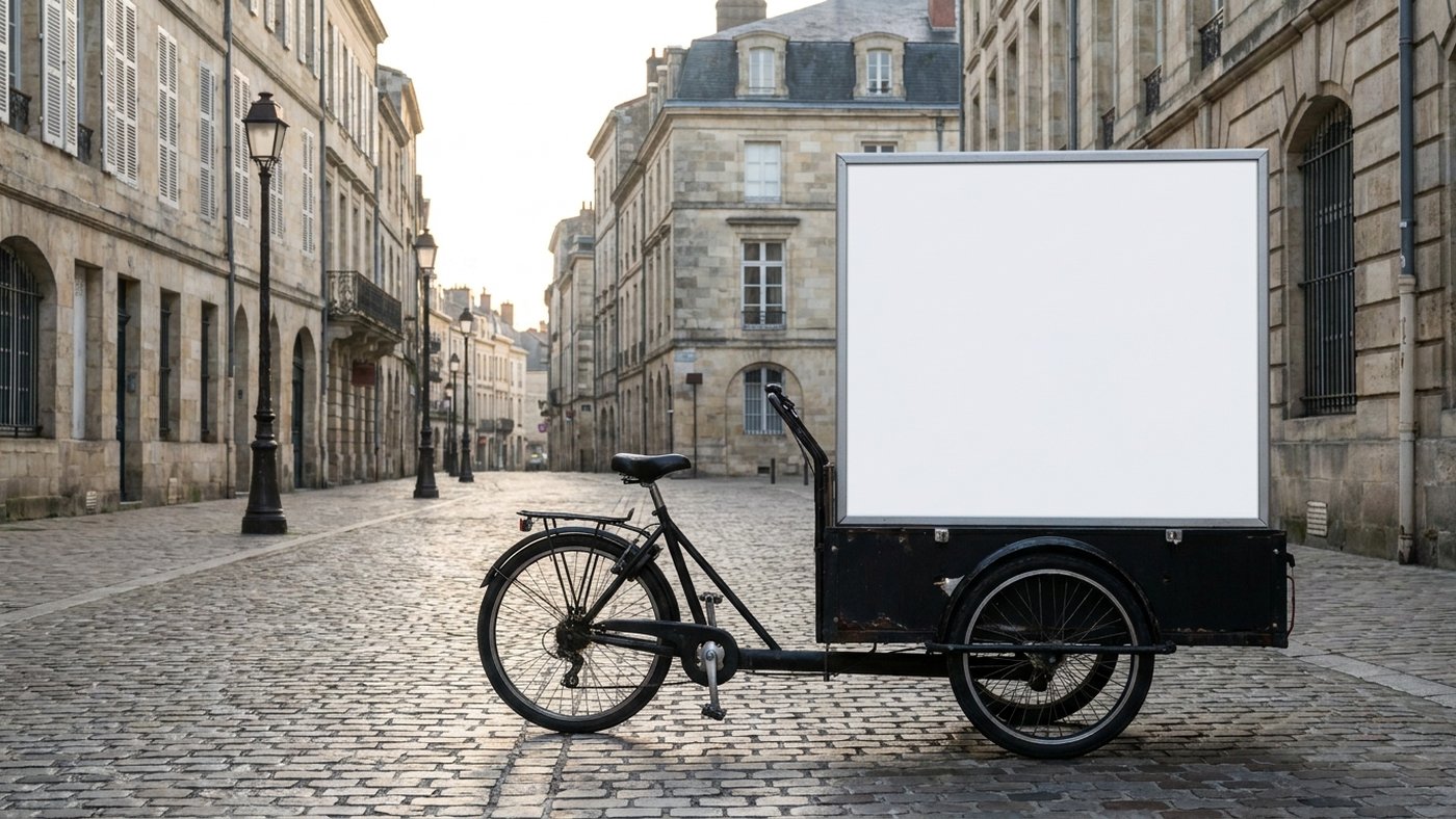 Triporteur publicitaire avec un panneau vierge stationné sur une place pavée d'une ville française, lumière douce du matin