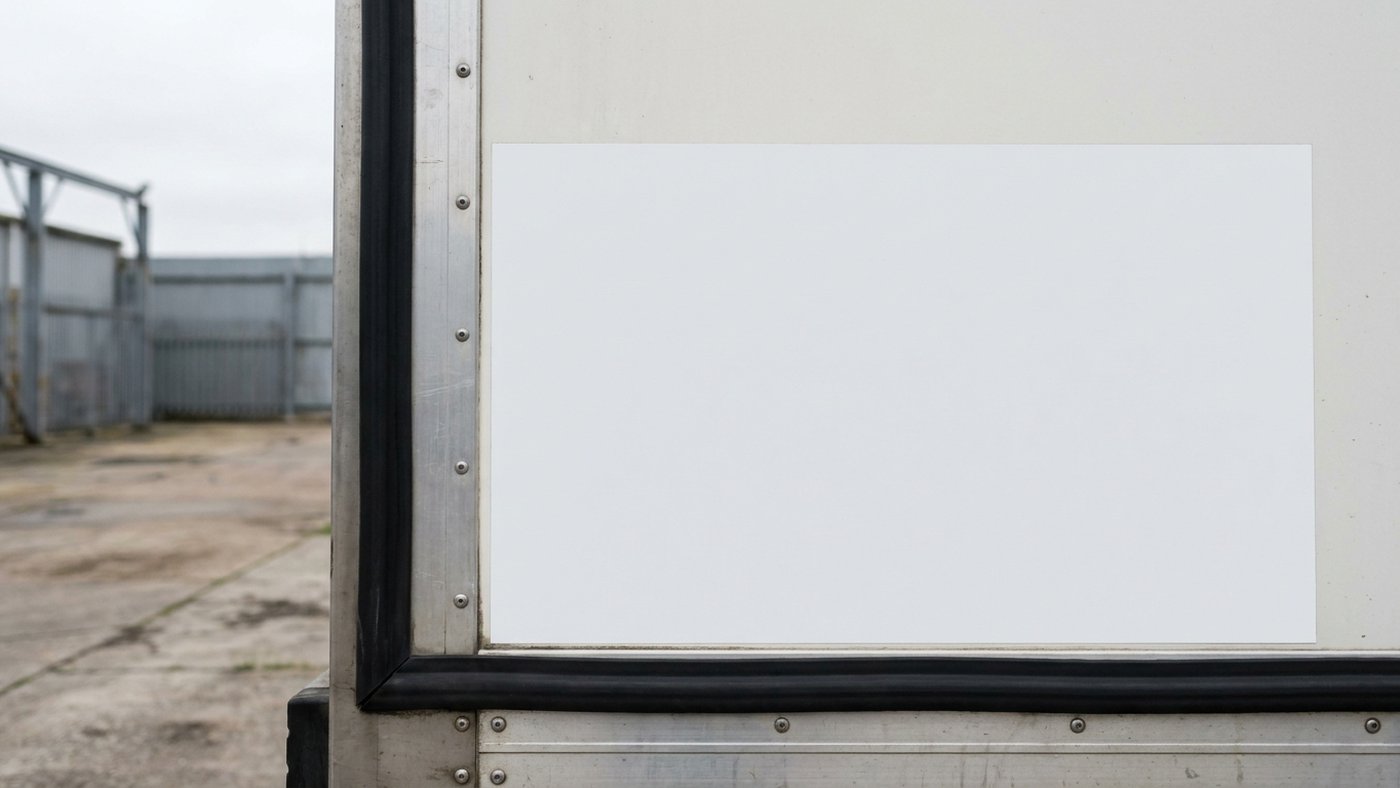 Gros plan sur un panneau publicitaire vierge fixé sur le flanc d'un camion, cadre aluminium riveté et joint d'étanchéité, lumière neutre, aucune personne